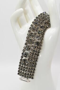 Vintage Weiss Black Diamond Rhinestone Bracelet Wide Rhodium